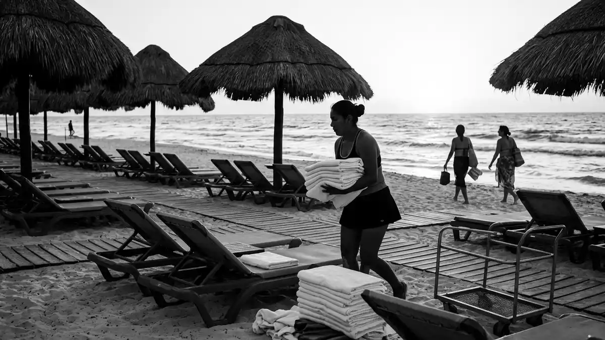 Schwarzweiss-Reportagebild mit Tankini in dokumentarischer Arbeitsumgebung, neutral