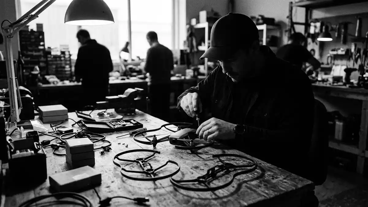 Schwarzweiss-Reportagebild mit Propellerschutz in dokumentarischer Arbeitsumgebung