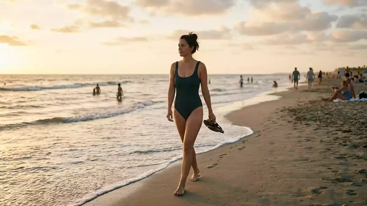 Fotorealistische Ansicht von Badeanzug am Strand in warmem Abendlicht, neutral