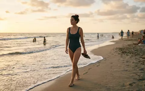 Fotorealistische Aufnahme von Badeanzug am Strand zum Thema Sunflair Damen Badeanzug Softcup, warmes Abendlicht - Foto: THN