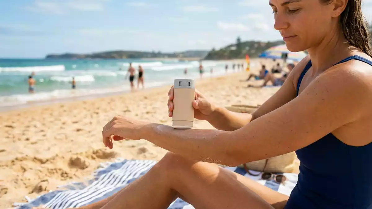 Fotorealistische Ansicht von Sonnencremestift am Strand in realer Umgebung, neutral