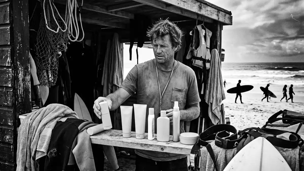 Schwarzweiss-Reportagebild mit Sonnencremestift in dokumentarischer Arbeitsumgebung