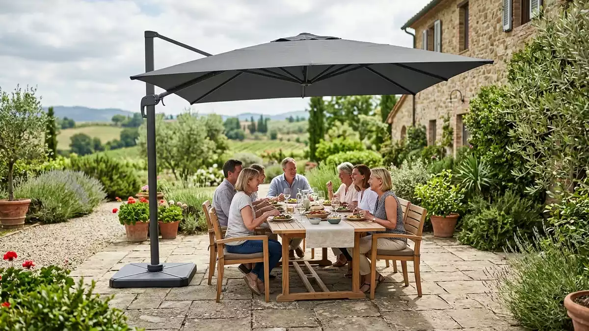 Fotorealistische Ansicht von Ampelschirm auf der Terrasse in realer Umgebung, neutral