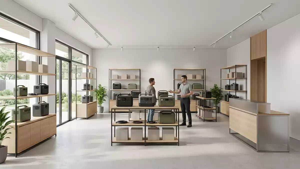 Architektur-Render im Elektronikfachgeschaeft mit Powerstation im Ausstellungsbereich