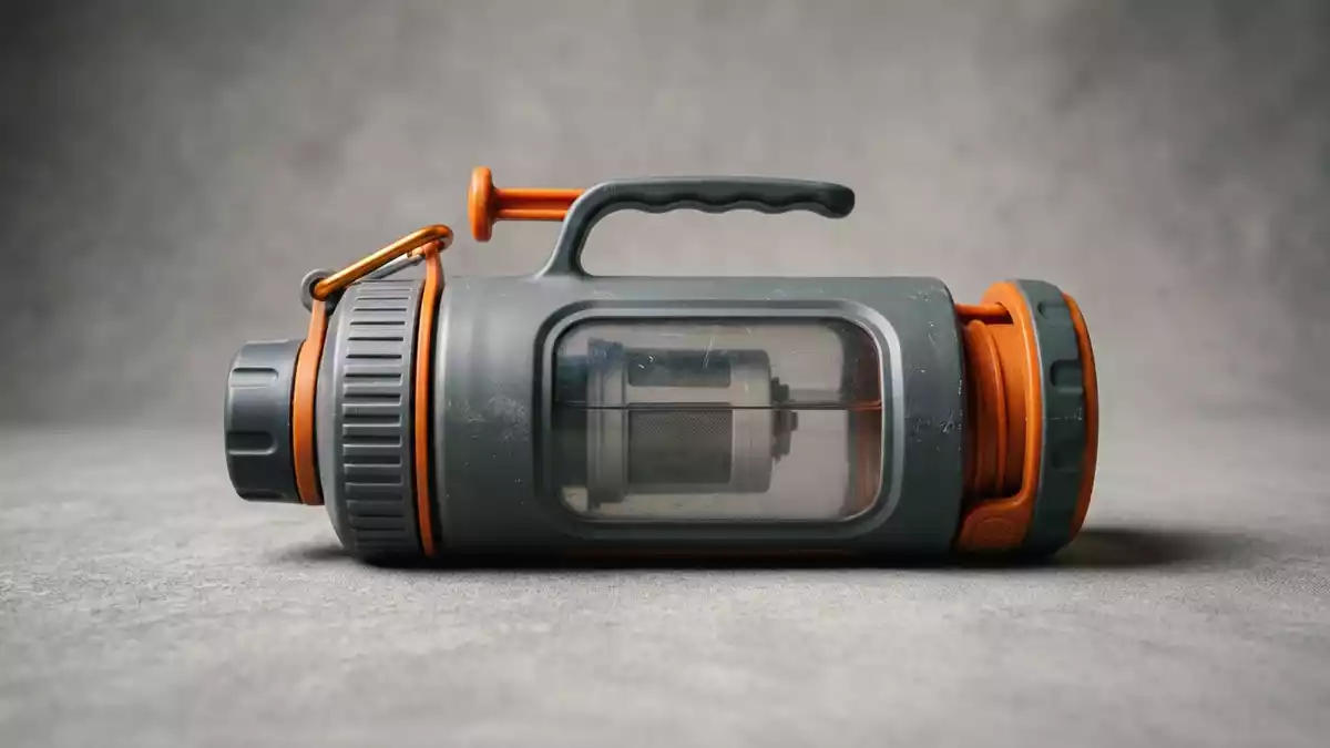 Fotorealistische Studioansicht von Filterflasche in neutraler Produktdarstellung