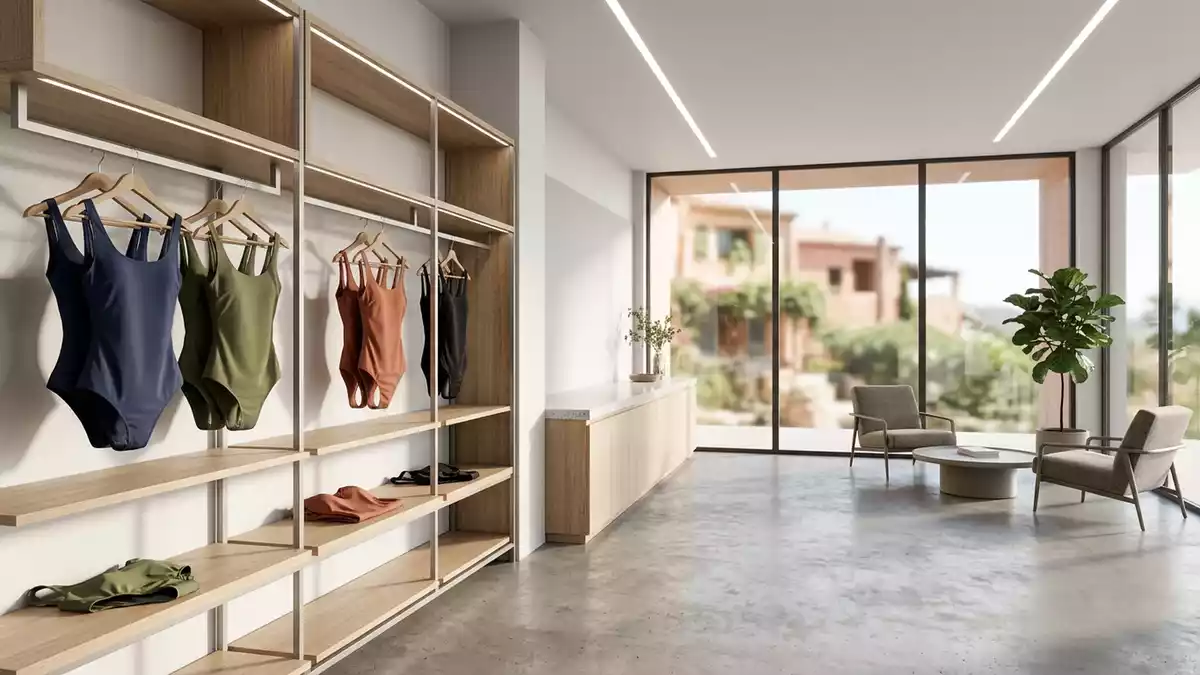 Architektur-Render im Bademodengeschaeft mit Damenbadeanzug im Ausstellungsbereich