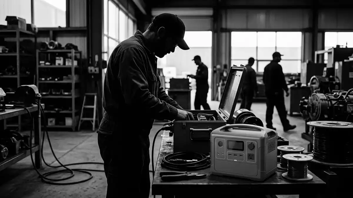 Schwarzweiss-Reportagebild mit Powerstation in dokumentarischer Arbeitsumgebung