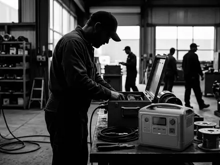 Schwarzweiss-Reportage mit Powerstation zum Thema Growatt VITA 550 Powerstation, hoher Kontrast, sachlich dargestellt - Foto: THN