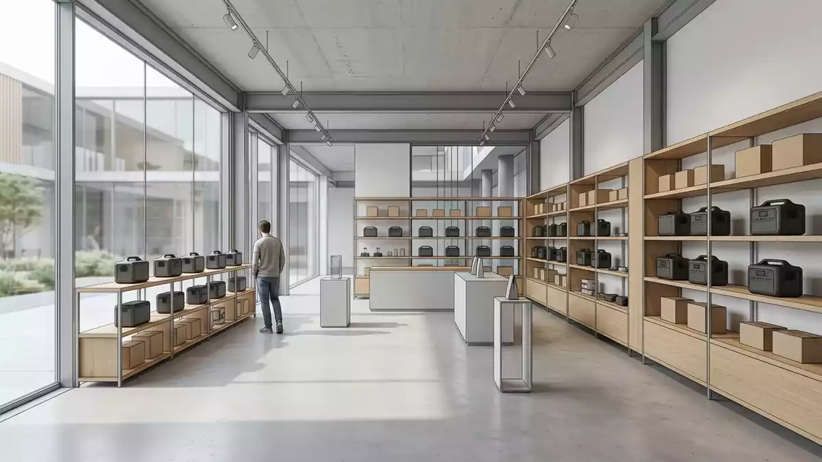 Architektur-Render im Elektronikfachgeschaeft mit Powerstation im Ausstellungsbereich