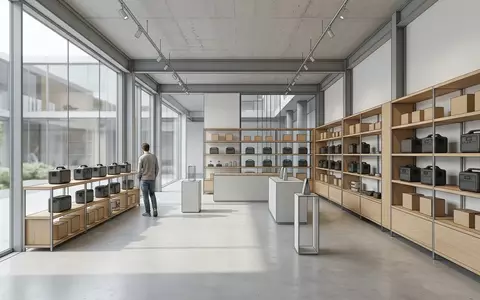 Architektur-Render im Elektronikfachgeschaeft mit Powerstation zum Thema Growatt VITA 550 Powerstation, neutrales Tageslicht - Foto: THN