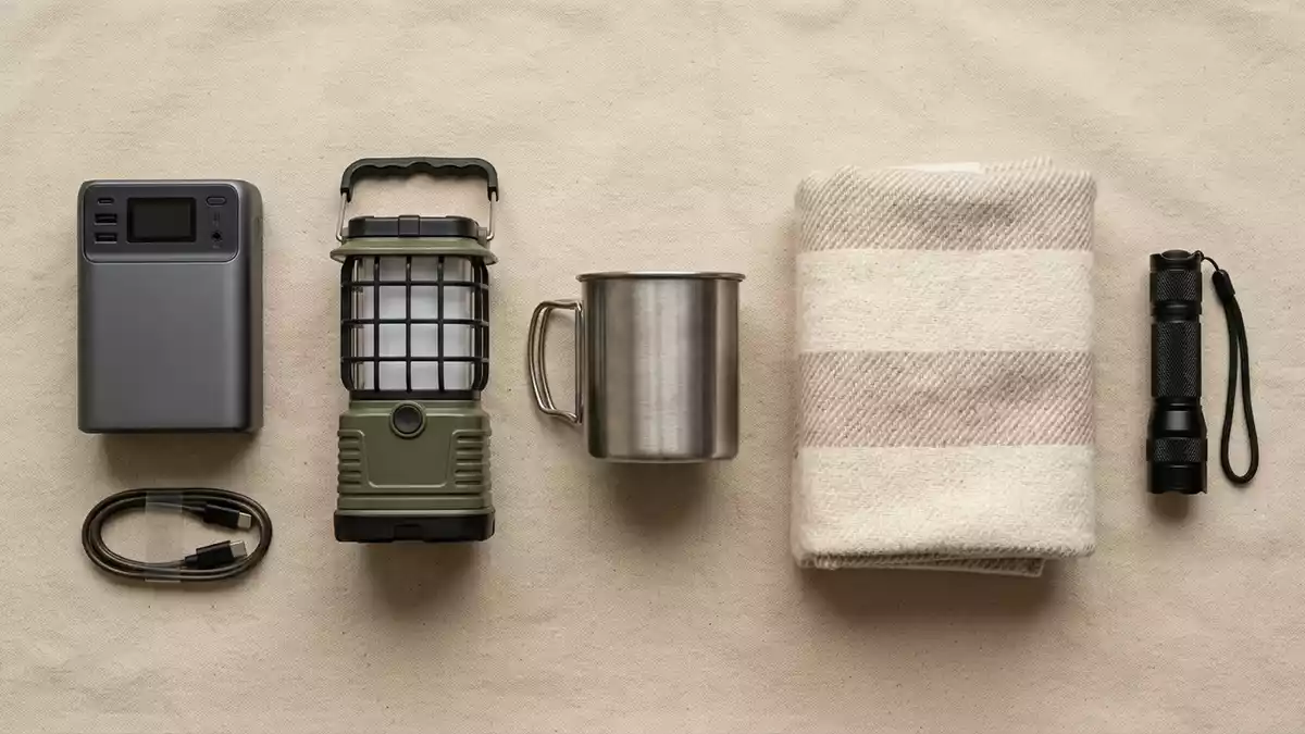 Flatlay-Arrangement rund um Powerstation mit passenden Requisiten von oben, neutral