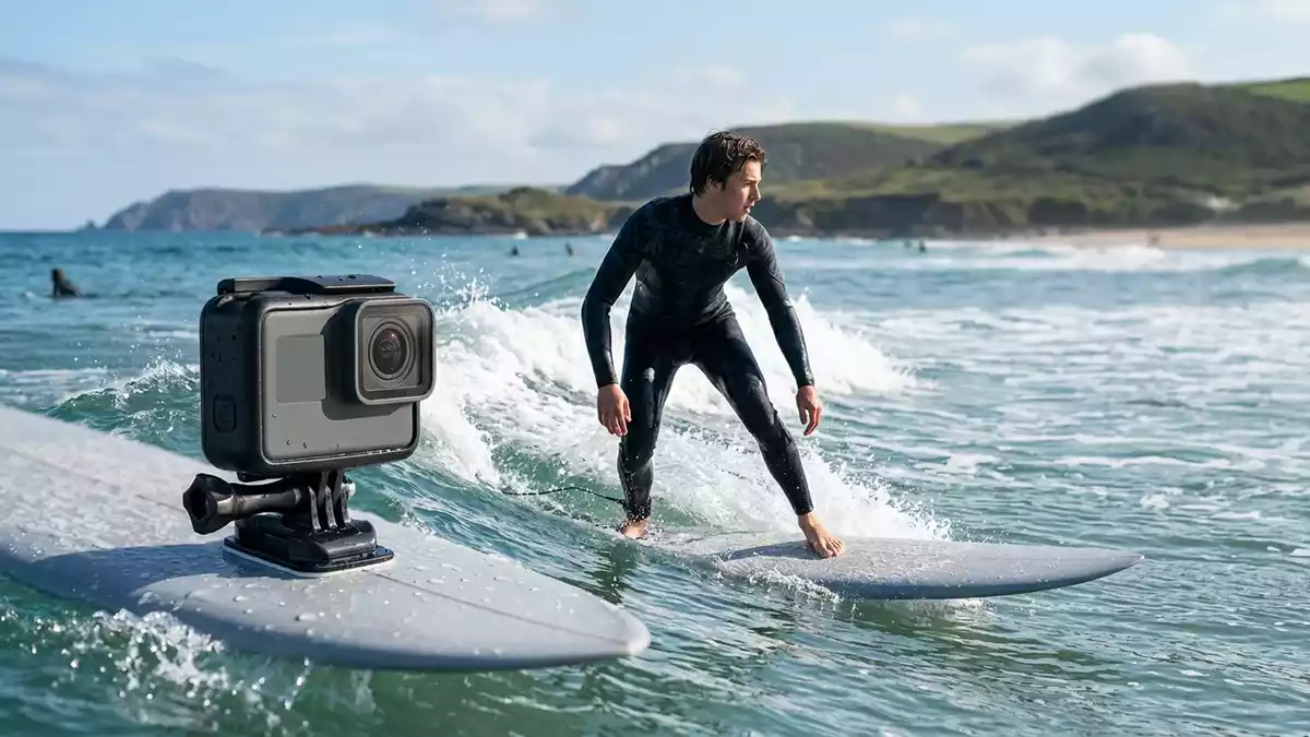 Fotorealistische Ansicht von Actionkamera beim Surfen in realer Umgebung, neutral