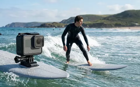 Fotorealistische Aufnahme von Actionkamera beim Surfen zum Thema GoPro HERO13 Black Unterwasserkamera, natuerliches Licht - Foto: THN