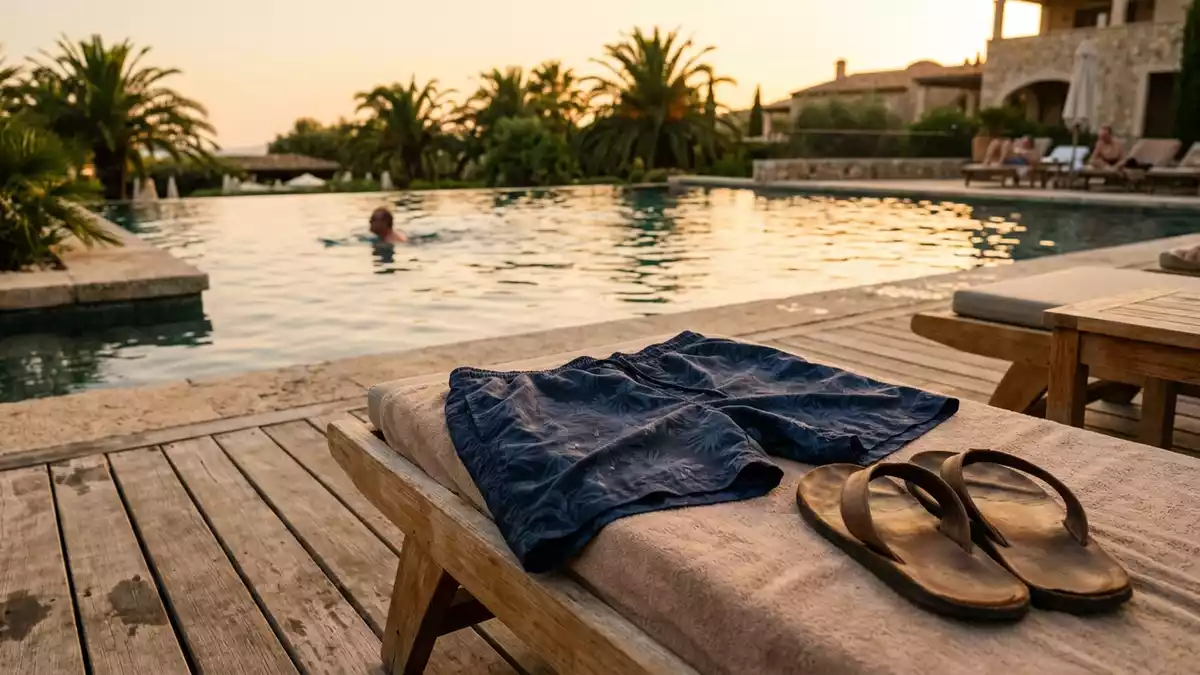 Fotorealistische Ansicht von Bade-Set am Pool in warmem Abendlicht, sachlich dargestellt