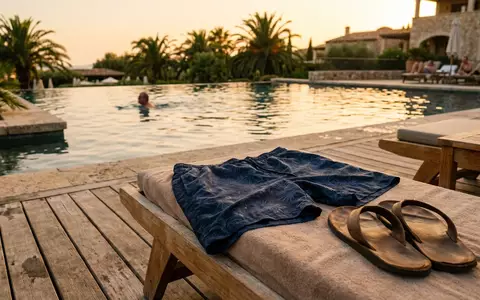 Fotorealistische Aufnahme von Bade-Set am Pool zum Thema Reef Herren Badeshorts Cushion, warmes Abendlicht - Foto: THN