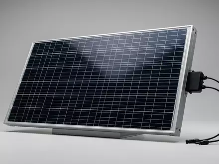 Fotorealistische Studioaufnahme von Solarpanel zum Thema Renogy 100W Solarpanel Monokristallin, klare Lichtfuehrung - Foto: THN