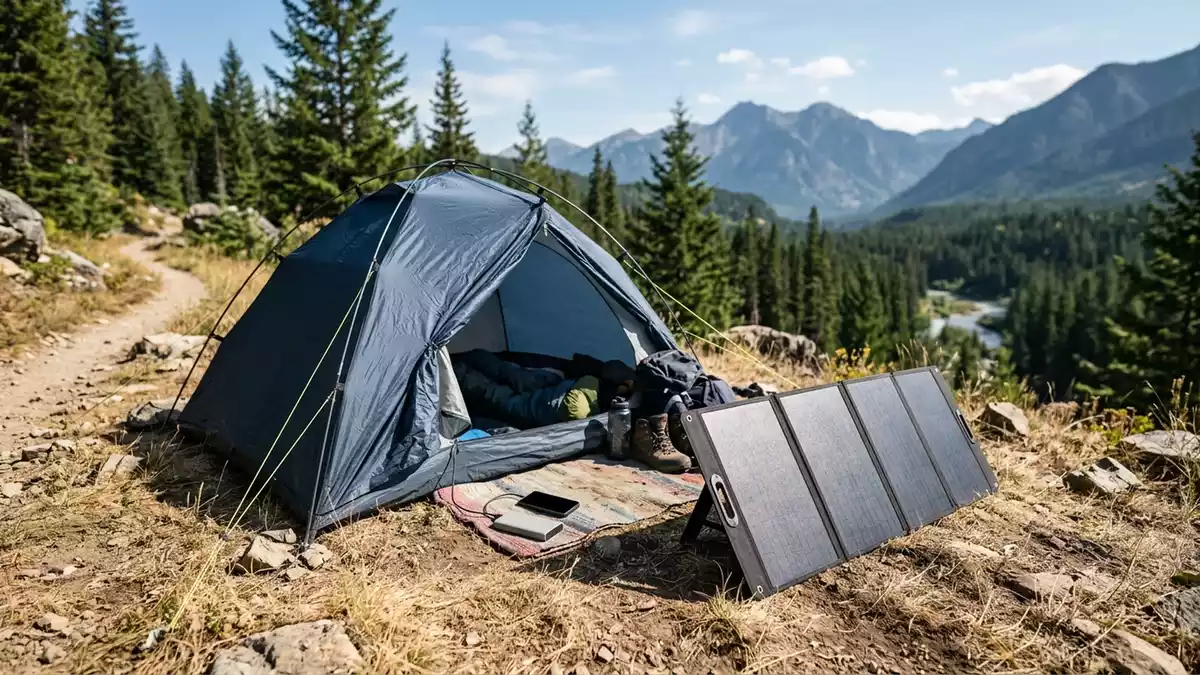 Fotorealistische Ansicht von Klappbares Solarpanel am Campingplatz in realer Umgebung