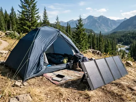 Fotorealistische Aufnahme von Klappbares Solarpanel am Campingplatz zum Thema Renogy 200W Faltbares Solarpanel, natuerliches Licht - Foto: THN