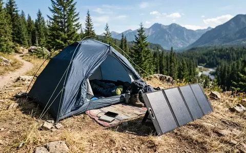 Fotorealistische Aufnahme von Klappbares Solarpanel am Campingplatz zum Thema Renogy 200W Faltbares Solarpanel, natuerliches Licht - Foto: THN
