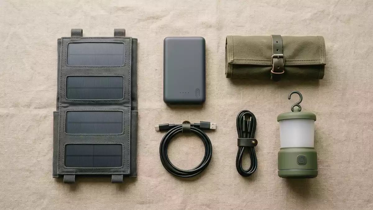 Flatlay-Arrangement rund um Klappbares Solarpanel mit passenden Requisiten von oben