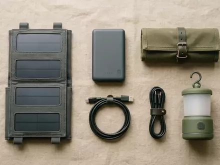 Flatlay-Arrangement rund um Klappbares Solarpanel zum Thema Renogy 200W Faltbares Solarpanel, weiches Oberlicht - Foto: THN