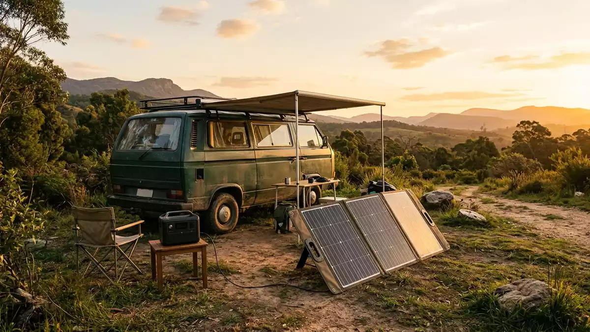 Fotorealistische Ansicht von Klappbares Solarpanel am Wohnmobil in warmem Abendlicht