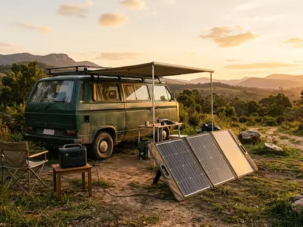 Fotorealistische Aufnahme von Klappbares Solarpanel am Wohnmobil zum Thema Renogy 200W Faltbares Solarpanel, warmes Abendlicht - Foto: THN