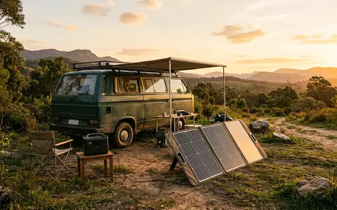 Fotorealistische Aufnahme von Klappbares Solarpanel am Wohnmobil zum Thema Renogy 200W Faltbares Solarpanel, warmes Abendlicht - Foto: THN