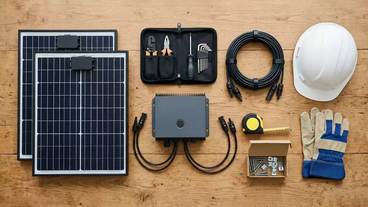 Flatlay-Arrangement rund um Balkonkraftwerk mit passenden Requisiten von oben, neutral