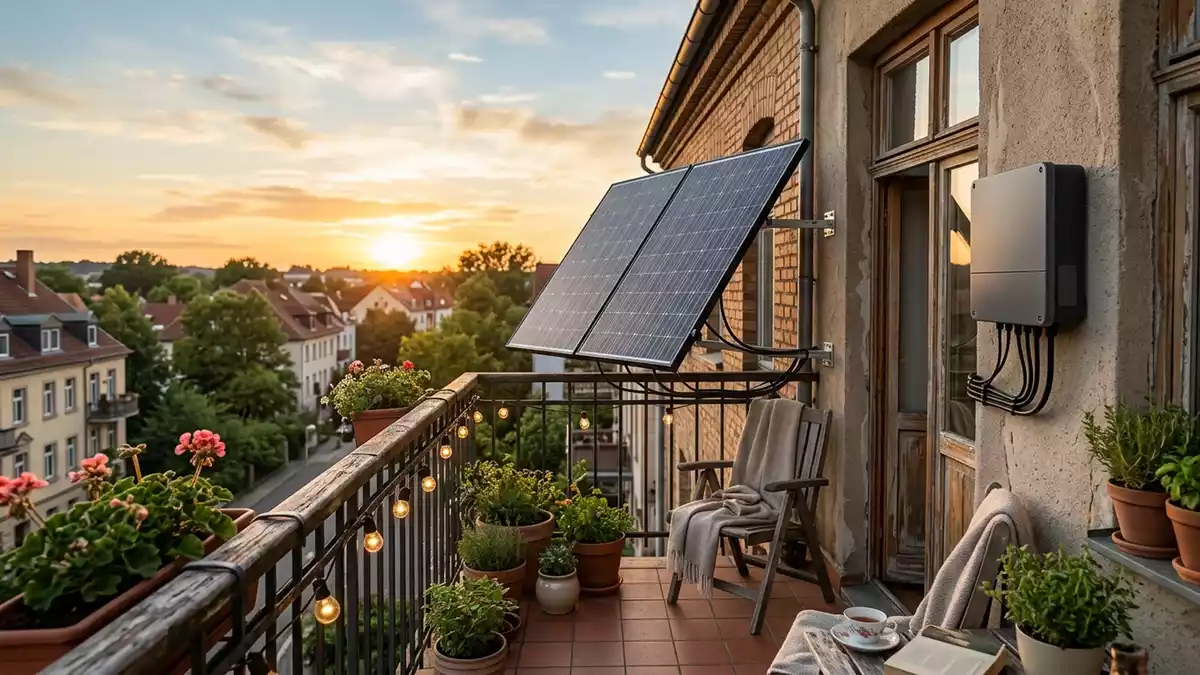 Fotorealistische Ansicht von Balkonkraftwerk auf der Terrasse in warmem Abendlicht