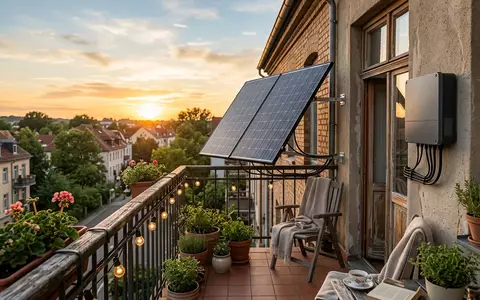 Fotorealistische Aufnahme von Balkonkraftwerk auf der Terrasse zum Thema Zendure SolarFlow 800W Balkonkraftwerk, warmes Abendlicht - Foto: THN