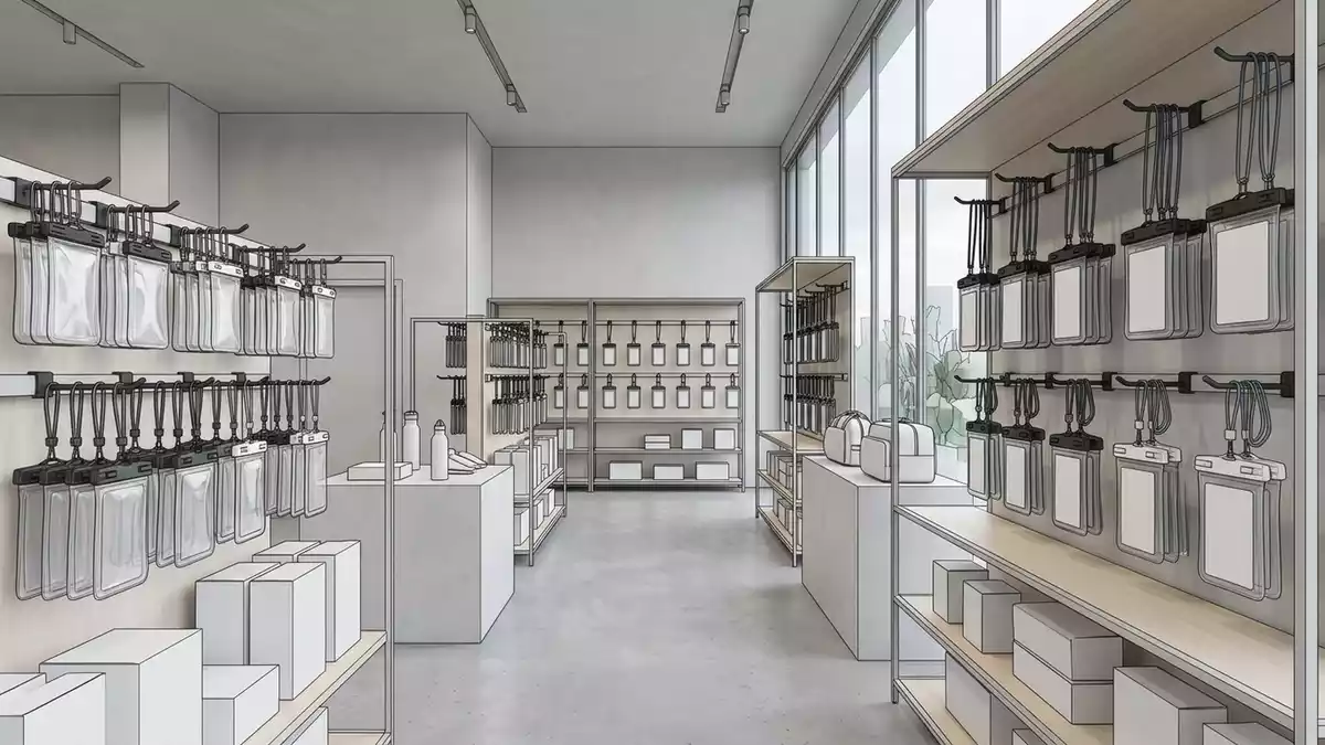 Architektur-Render im Reisezubehoergeschaeft mit Handyhuelle im Ausstellungsbereich