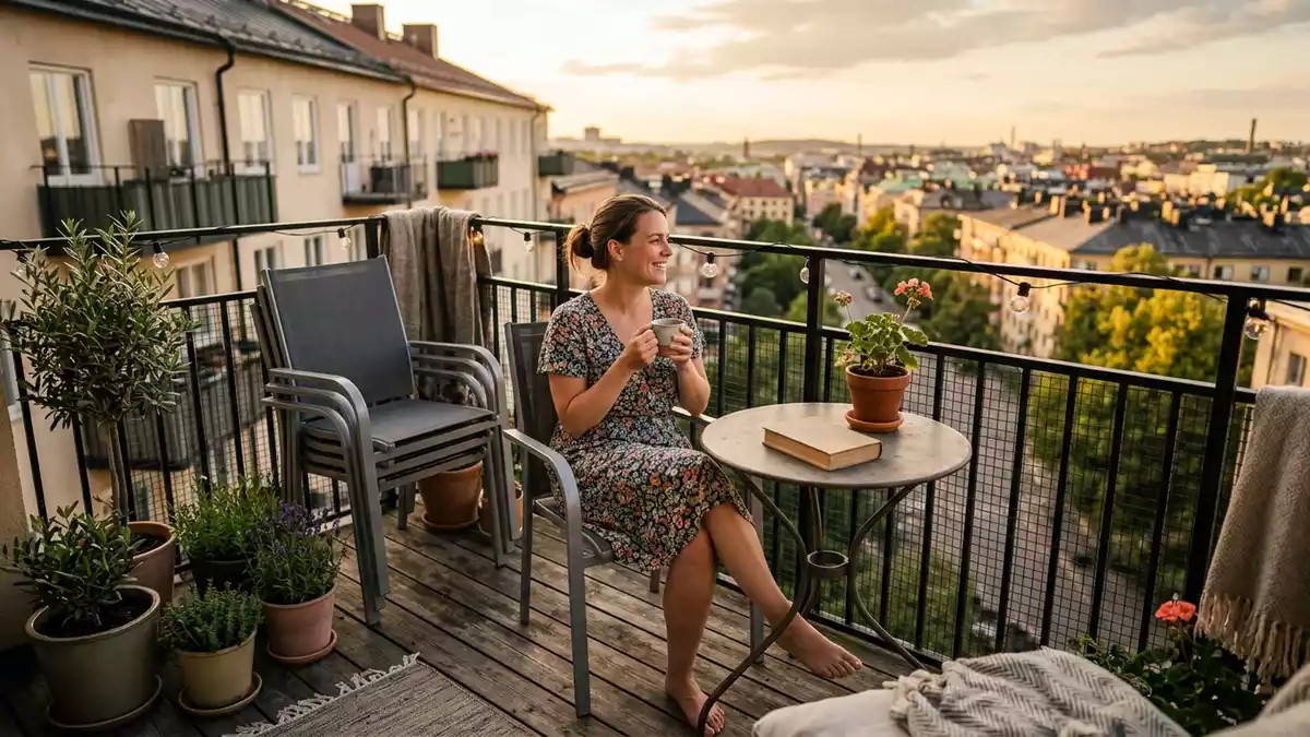 Fotorealistische Ansicht von Gartenstuhl auf dem Balkon in warmem Abendlicht, neutral