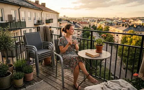 Fotorealistische Aufnahme von Gartenstuhl auf dem Balkon zum Thema Zebra Gartenstuhl Nano Stapelstuhl, warmes Abendlicht - Foto: THN