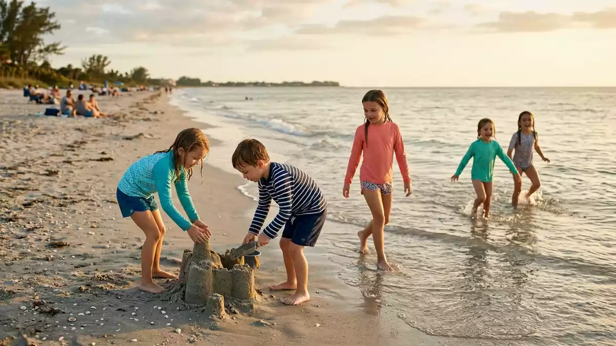 Fotorealistische Ansicht von Kinder Badeshirt Set am Strand in warmem Abendlicht