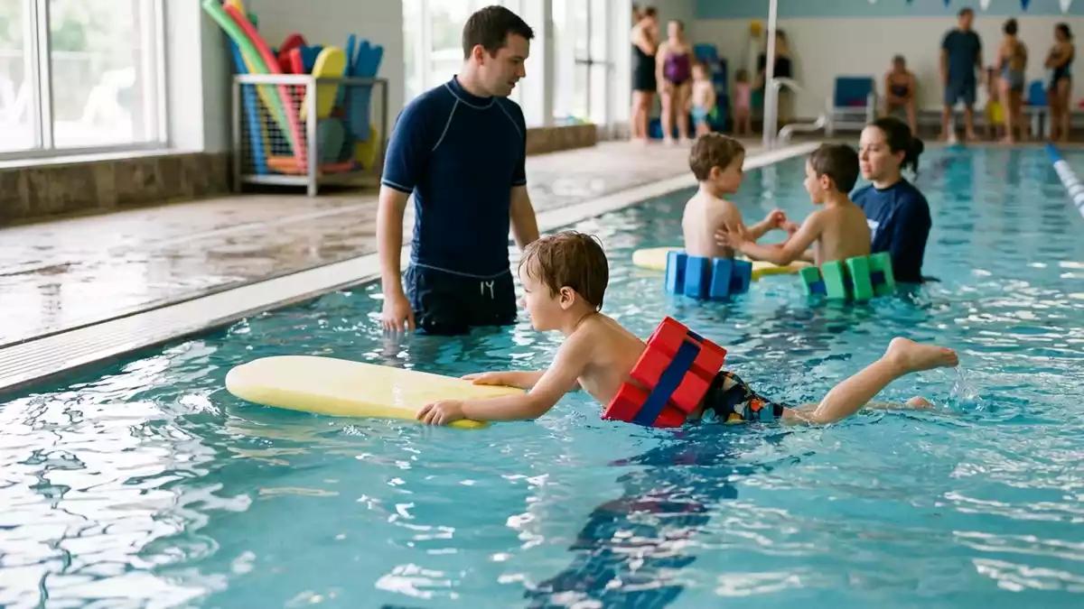 Fotorealistische Ansicht von Kinder Schwimmguertel am Familienpool in realer Umgebung