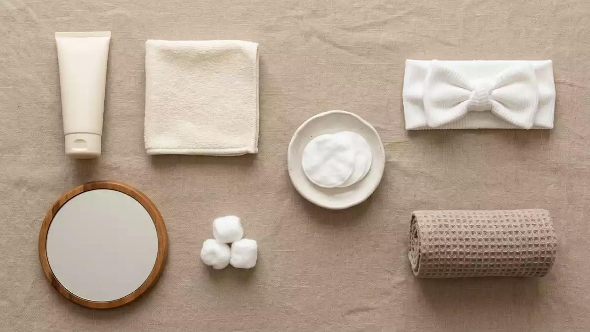 Flatlay-Arrangement rund um Repairbalsam mit passenden Requisiten von oben, neutral