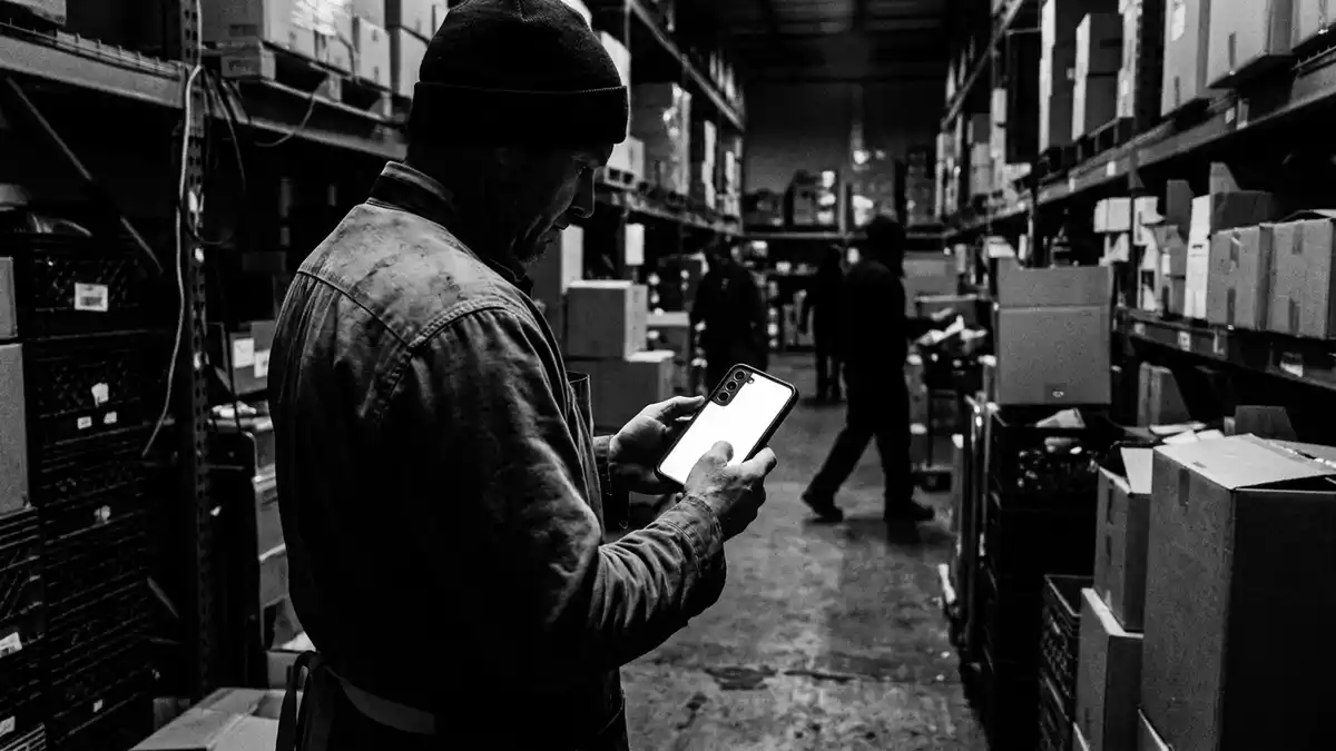 Schwarzweiss-Reportagebild mit Smartphone in dokumentarischer Arbeitsumgebung, neutral