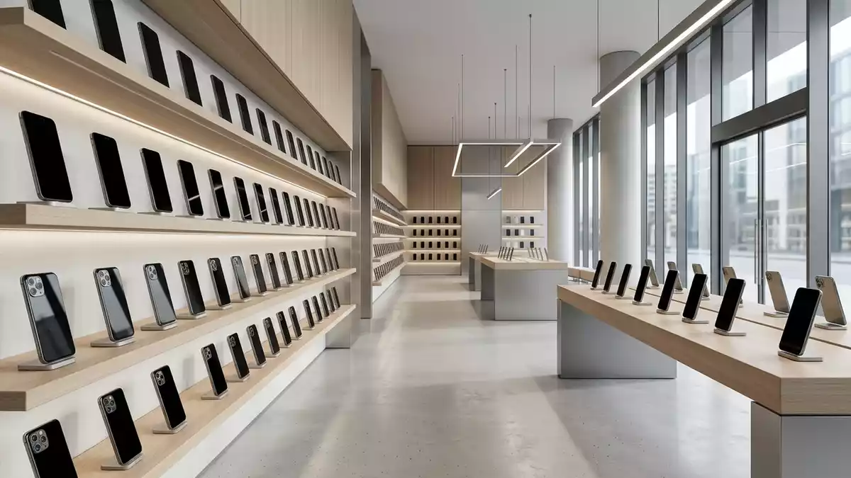 Architektur-Render im Elektronikmarkt mit Smartphone im Ausstellungsbereich, neutral