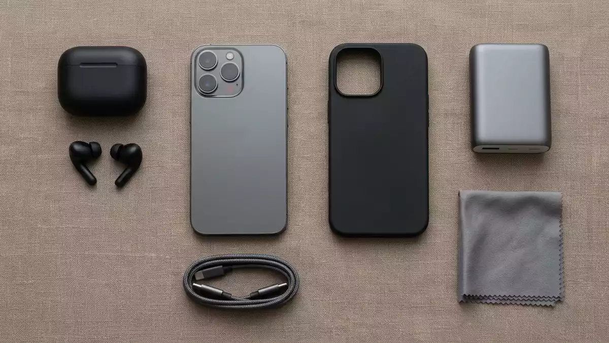 Flatlay-Arrangement rund um Smartphone mit passenden Requisiten von oben, neutral