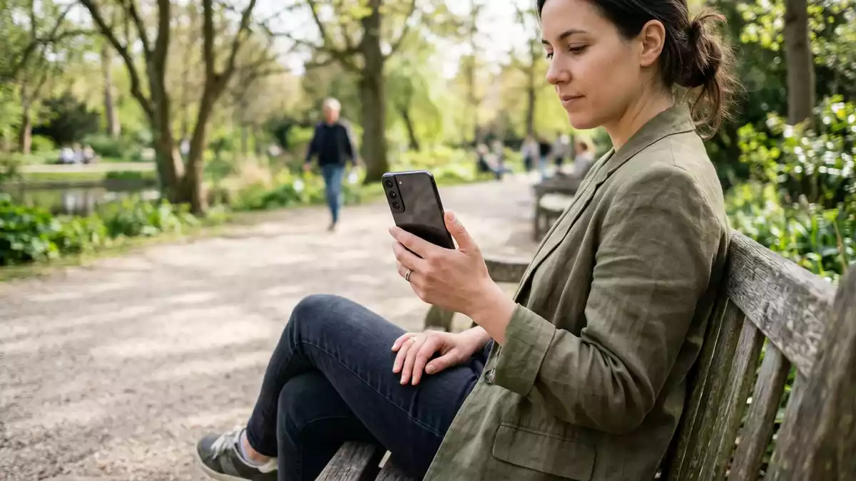 Fotorealistische Ansicht von Smartphone im Stadtpark in realer Umgebung, neutral