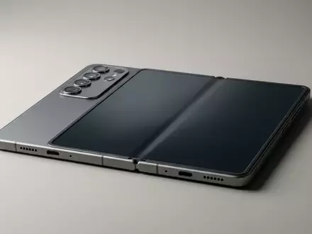 Fotorealistische Studioaufnahme von Faltbares Smartphone zum Thema Samsung Galaxy Z Fold, klare Lichtfuehrung - Foto: THN