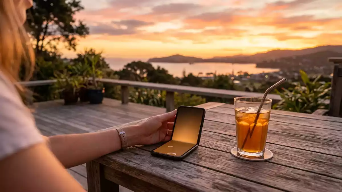 Fotorealistische Ansicht von Klappbares Smartphone im Strassencafe in warmem Abendlicht
