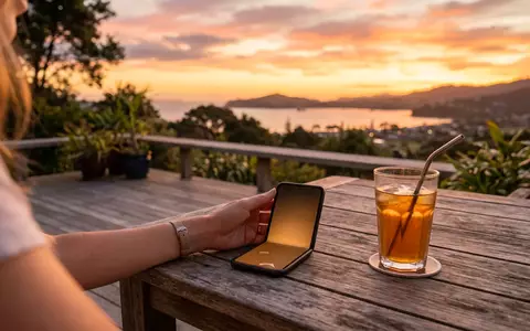 Fotorealistische Aufnahme von Klappbares Smartphone im Strassencafe zum Thema Samsung Galaxy Z Flip, warmes Abendlicht - Foto: THN