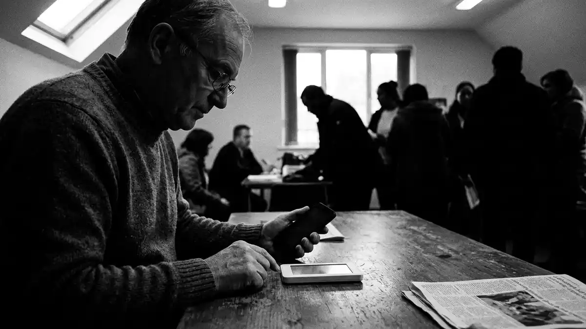 Schwarzweiss-Reportagebild mit Smartphone in dokumentarischer Arbeitsumgebung, neutral