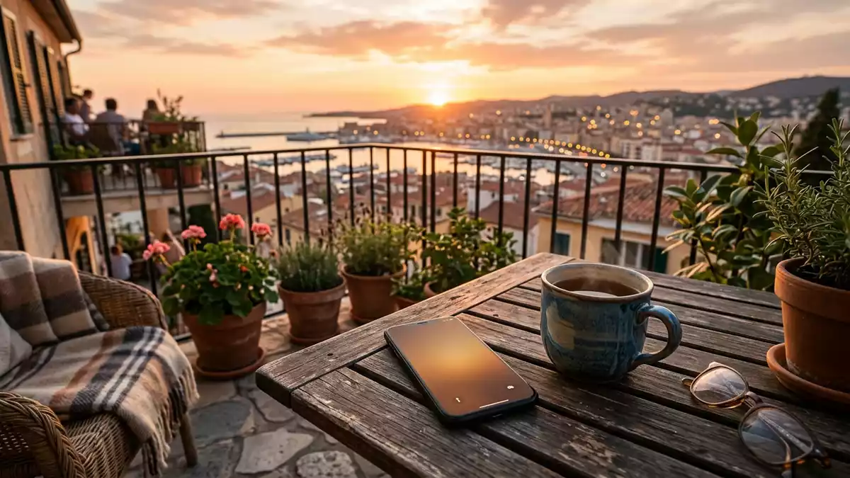 Fotorealistische Ansicht von Smartphone auf dem Balkon in warmem Abendlicht, neutral