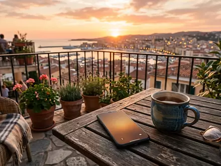 Fotorealistische Aufnahme von Smartphone auf dem Balkon zum Thema Samsung Galaxy A16 5G, warmes Abendlicht - Foto: THN