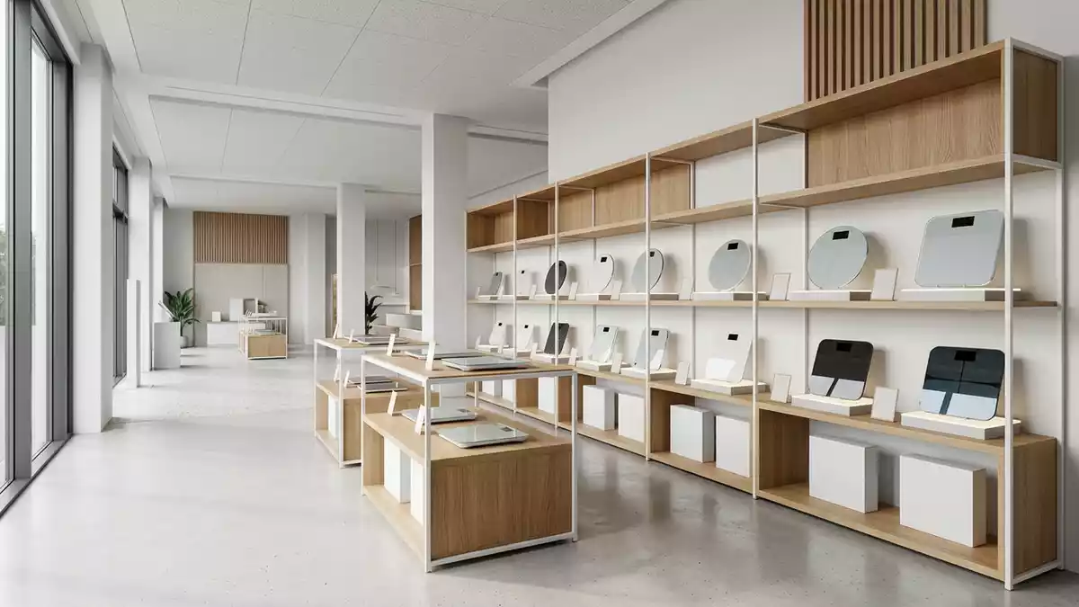 Architektur-Render im Gesundheitsfachgeschaeft mit Koerperanalysewaage im Ausstellungsbereich