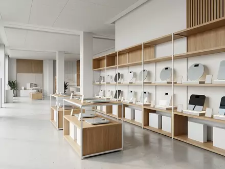 Architektur-Render im Gesundheitsfachgeschaeft mit Koerperanalysewaage zum Thema Withings Body Scan Körperanalysewaage, neutrales Tageslicht - Foto: THN