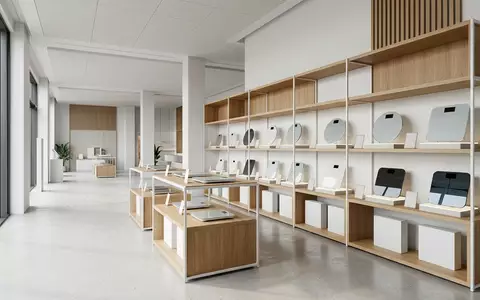 Architektur-Render im Gesundheitsfachgeschaeft mit Koerperanalysewaage zum Thema Withings Body Scan Körperanalysewaage, neutrales Tageslicht - Foto: THN